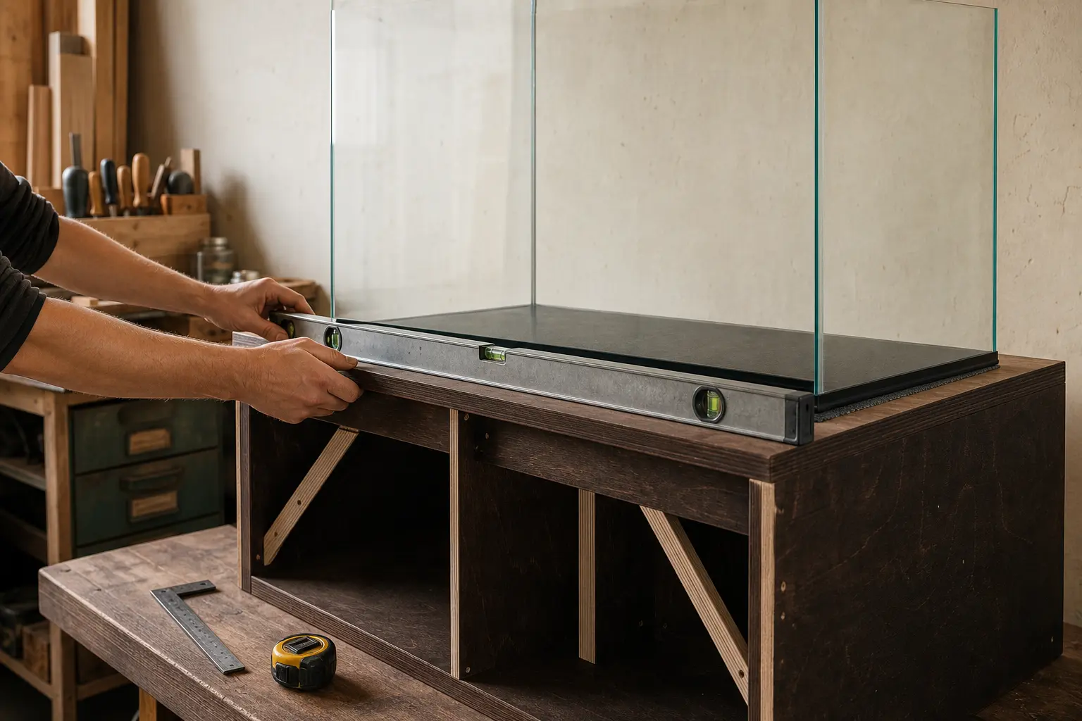 Leerer Glaskasten auf einem verstrebt gebauten Holzunterschrank bei der Kontrolle mit einer Wasserwaage