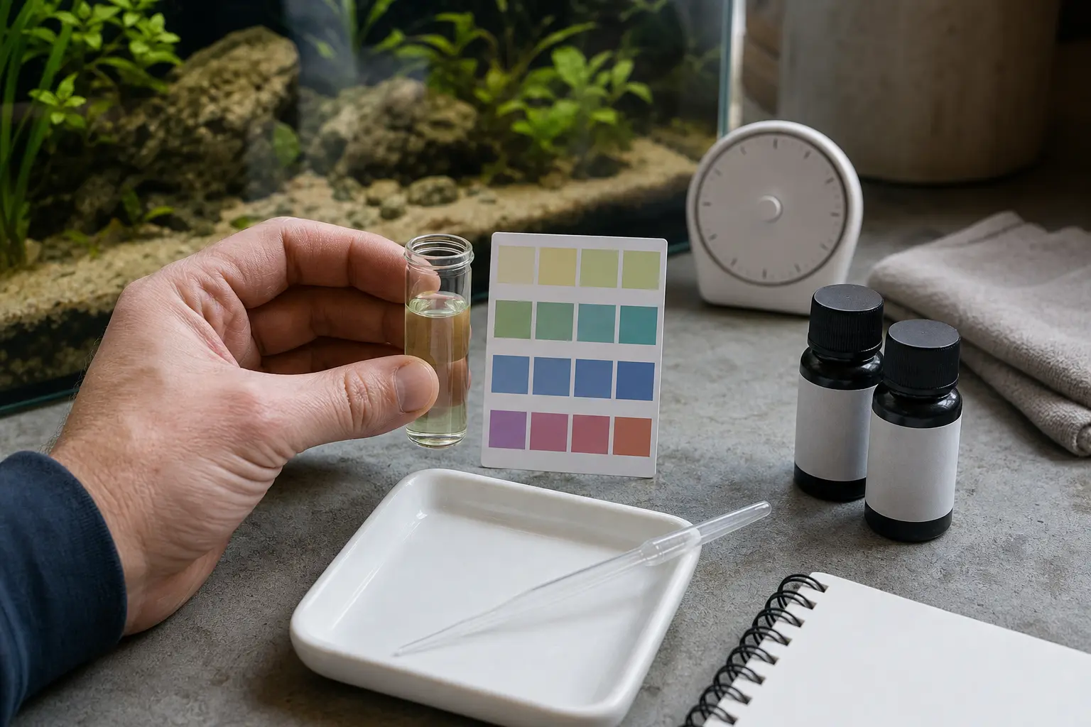 Hand hält eine Wasserprobe neben eine neutrale Farbvergleichskarte